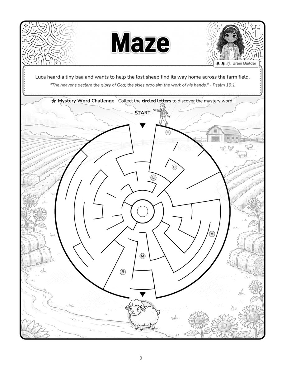 Real interior page 2 (maze) from Noor and Luca's Bible Adventure Activity Book