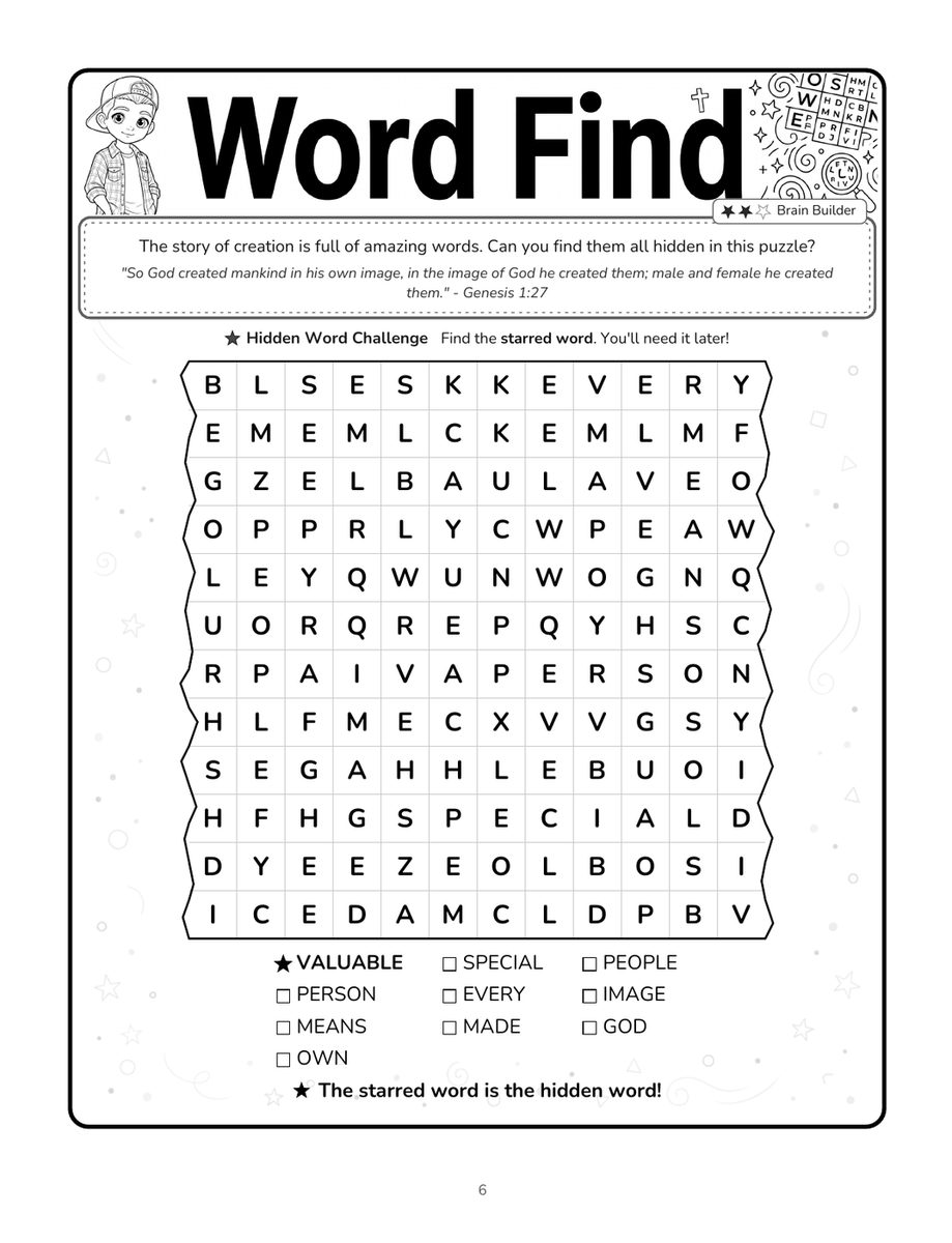 Real interior page 4 (word search) from Noor and Luca's Bible Adventure Activity Book