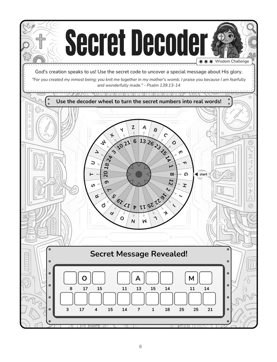 Real interior page 5 (secret decoder) from Noor and Luca's Bible Adventure Activity Book