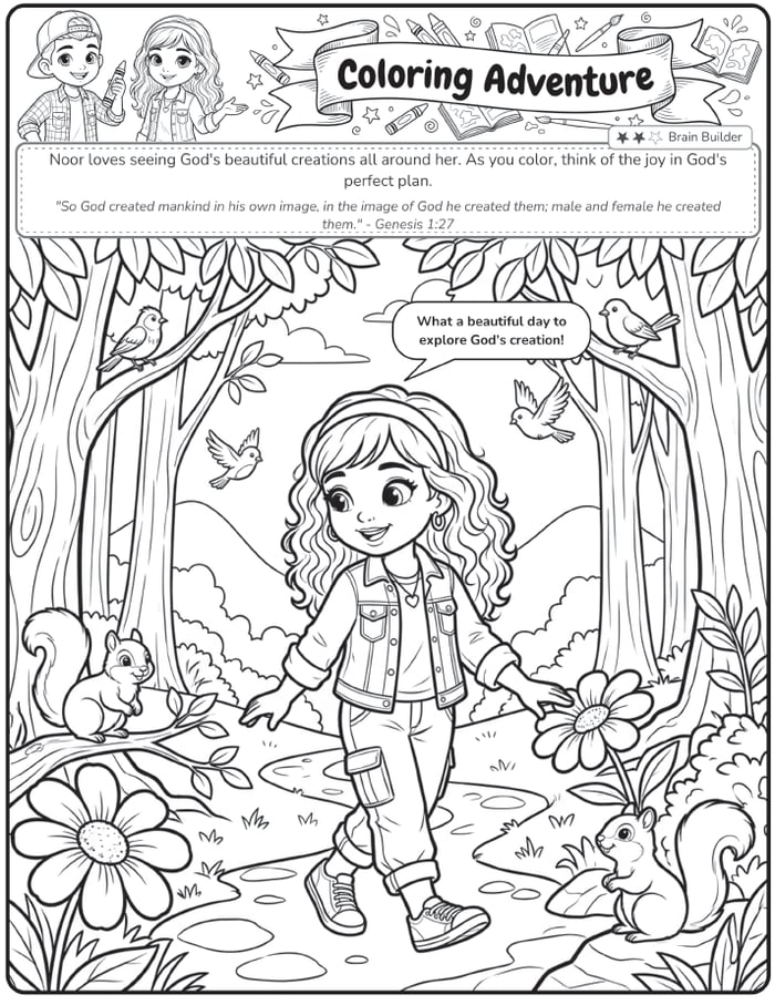 Coloring Adventure page: Noor exploring God's creation in a forest full of birds, squirrels, and flowers