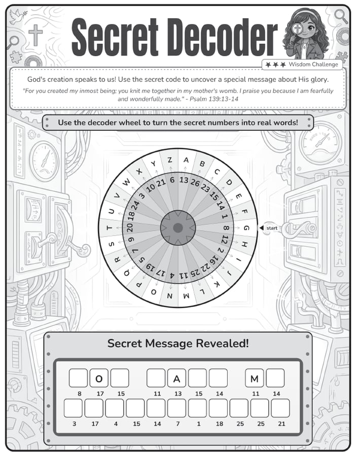 Secret Decoder page: use the decoder wheel to turn secret numbers into a Bible message from Psalm 139
