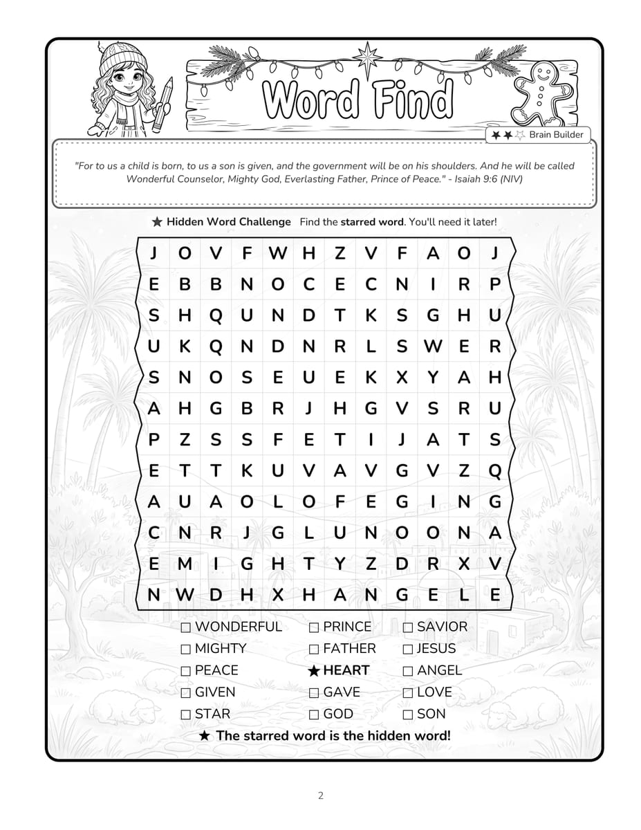 Real interior page 2 (word find) from Noor & Luca Tell the Christmas Story