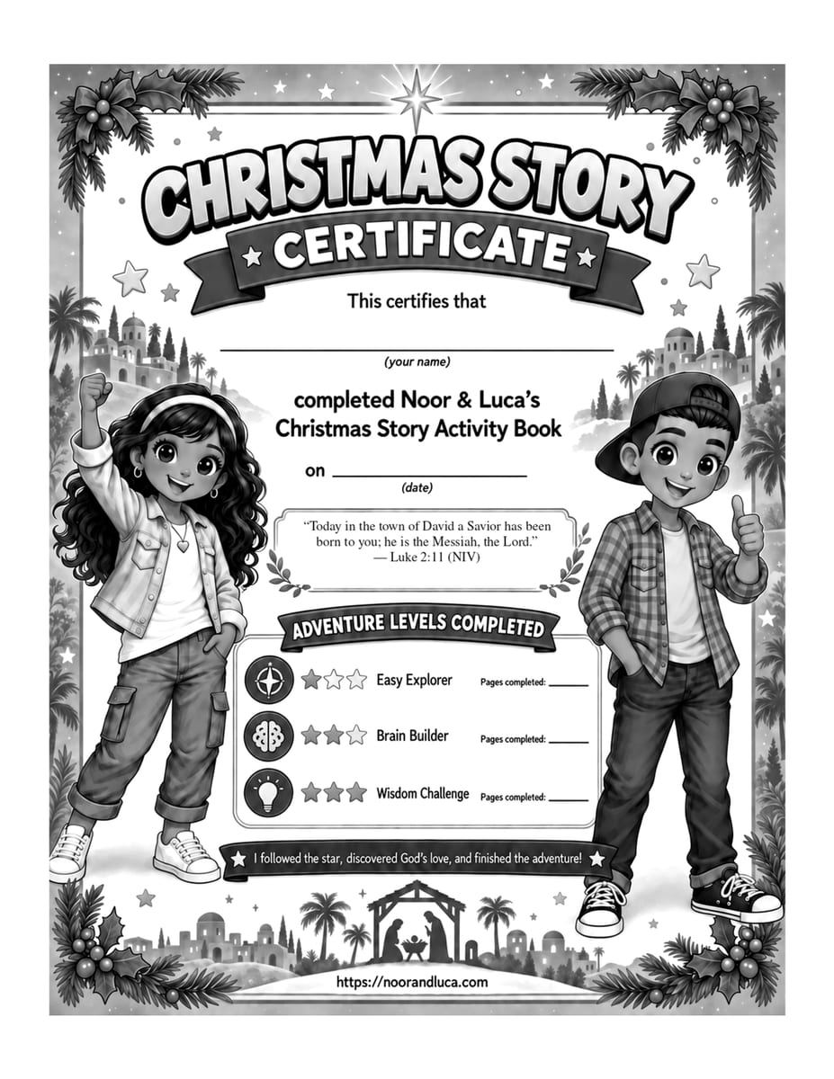 Real interior page 8 (certificate) from Noor & Luca Tell the Christmas Story