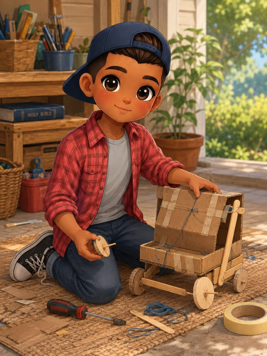 Luca, an eight-year-old boy in a backwards cap and plaid shirt, building a cardboard wagon on a sunny porch