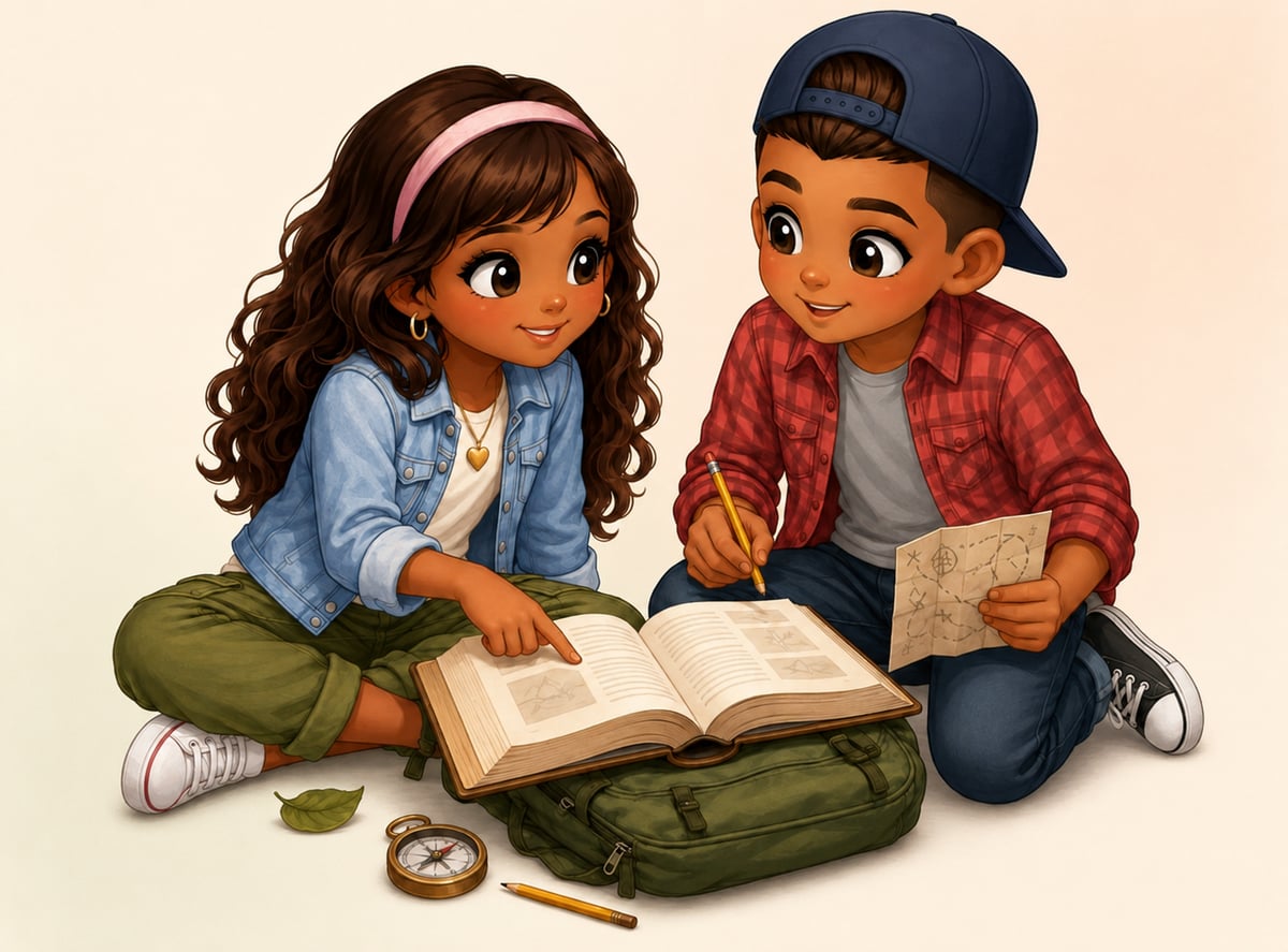 Noor and Luca sitting on the floor together, exploring a book with a hand-drawn map and compass