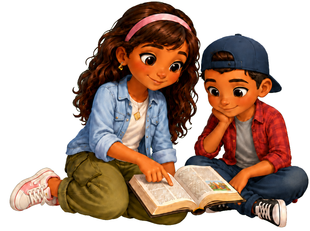 Noor and Luca reading the Bible together